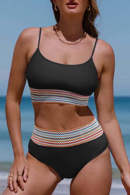 Black Striped Patchwork Spaghetti Strap High Waist Bikini Swimsuit