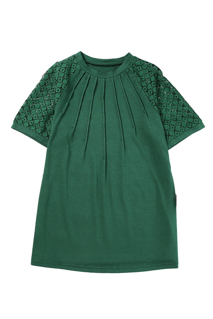 Blackish Green Seamed Detail Contrast Lace Raglan Sleeve Tee