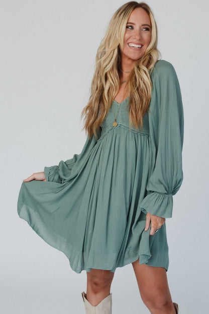 Mist Green Smocked Ruffled Bubble Sleeve Flowy Short Dress