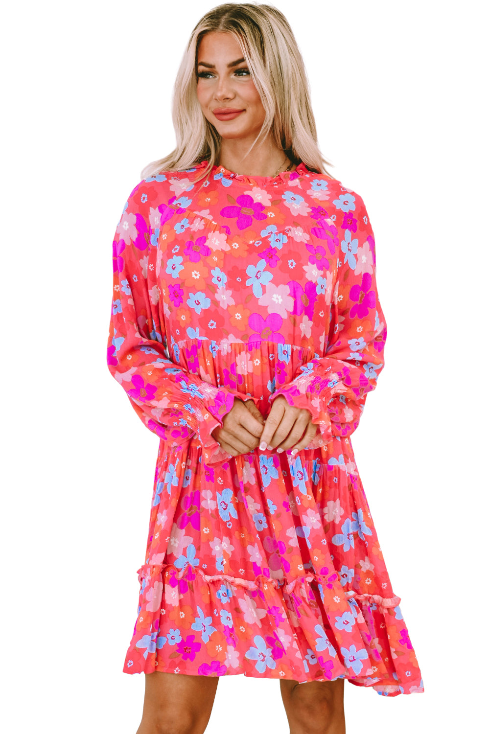 Multicolour Floral Bubble Sleeve Tiered Babydoll Dress