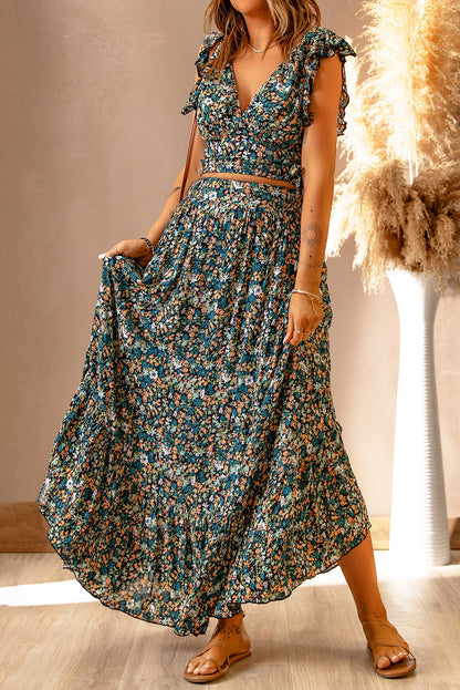 Multicolor Floral Ruffled Crop Top and Maxi Skirt Set