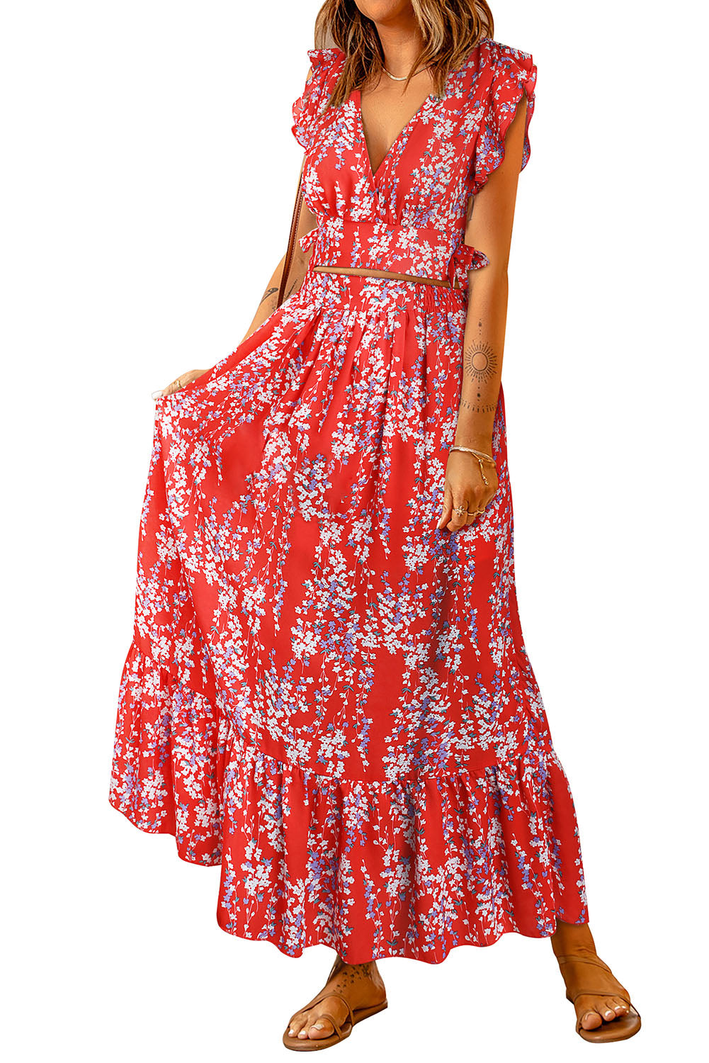 Fiery Red Multicolor Floral Ruffled Crop Top and Maxi Skirt Set