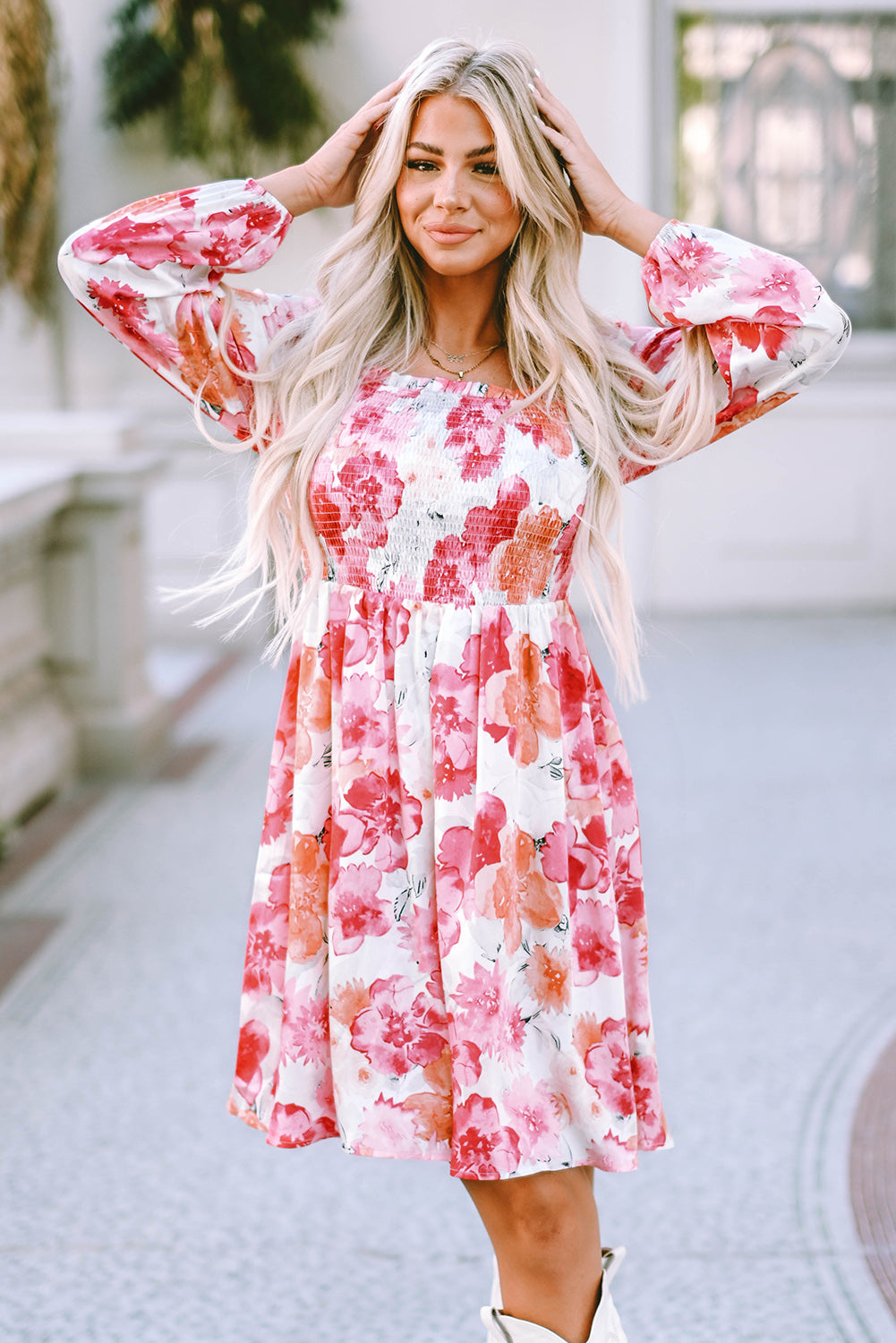 White Floral Print Smocked Puff Sleeve Mini Dress