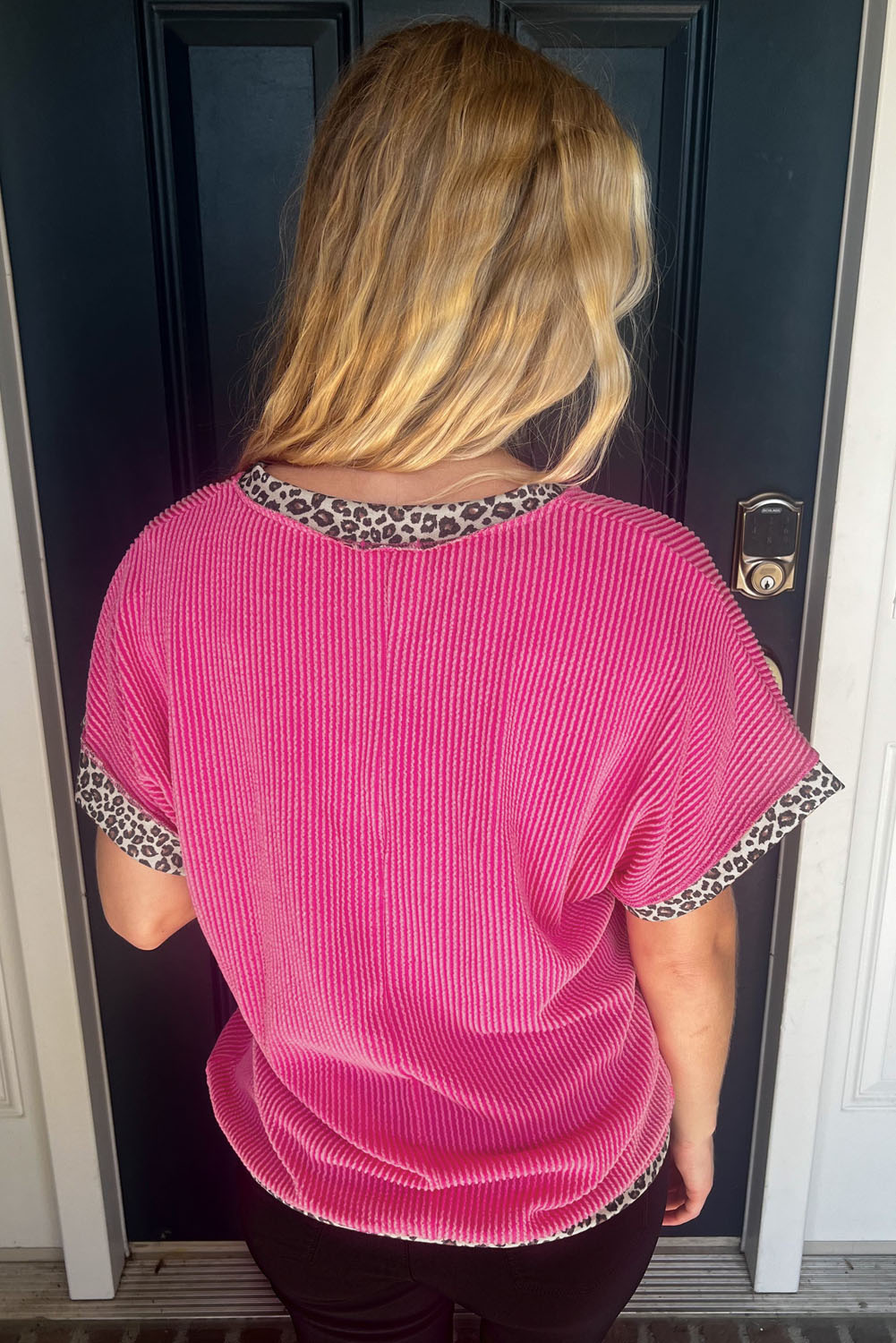 Rose Red Leopard Trim V Neck Short Sleeve Plus Size Corded Top