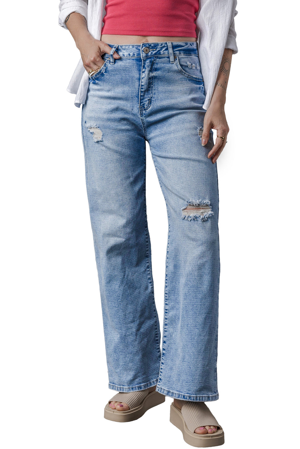 Light Blue High Rise Distressed Straight Leg Jeans