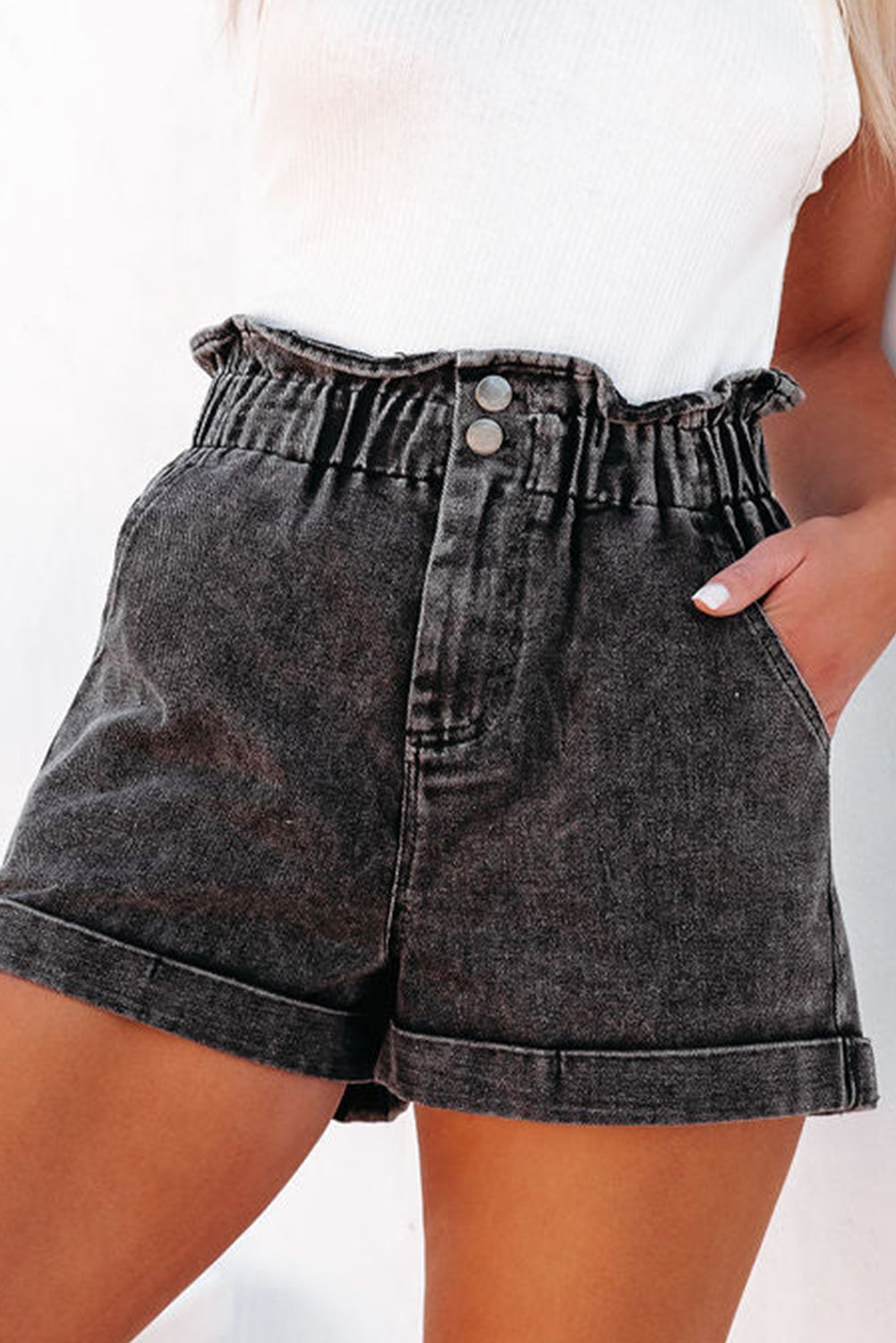 Black Vintage Washed Frilled High Waist Denim Shorts