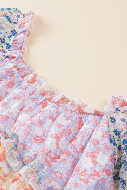 Sky Blue Floral Colorblock Tiered Puff Sleeve Dress