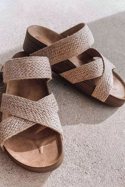 Beige Woven Cross Criss Hollowed Slip-On Slippers