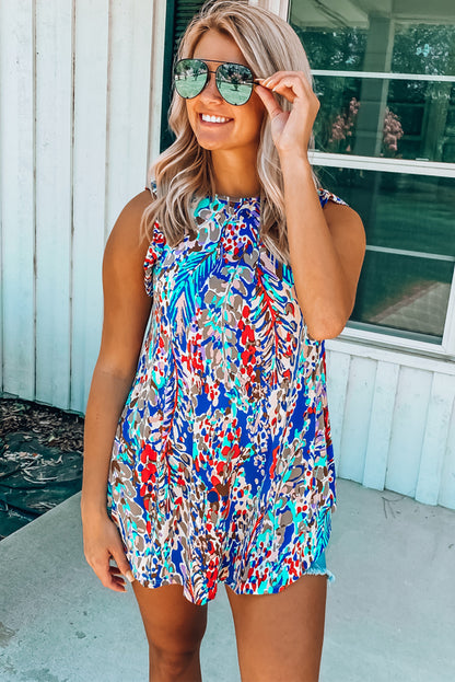 Blue Floral Print Tank Top with Ruffles