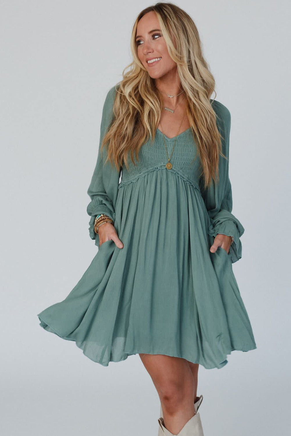 Mist Green Smocked Ruffled Bubble Sleeve Flowy Short Dress