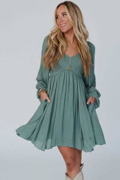 Mist Green Smocked Ruffled Bubble Sleeve Flowy Short Dress