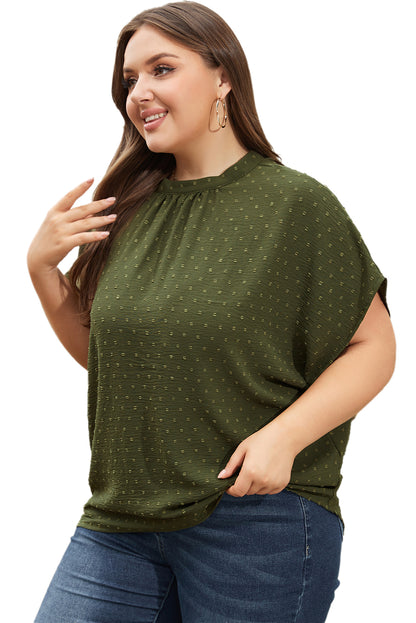 Moss Green Plus Size Swiss Dot Mock Neck Tied Nape Top