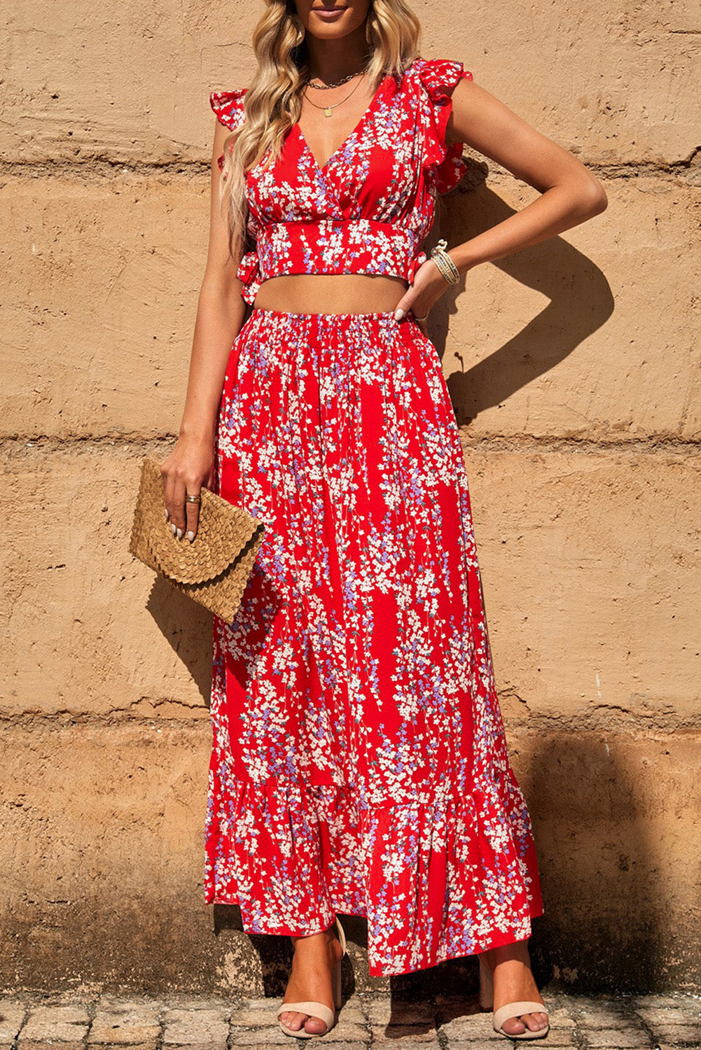 Fiery Red Multicolor Floral Ruffled Crop Top and Maxi Skirt Set