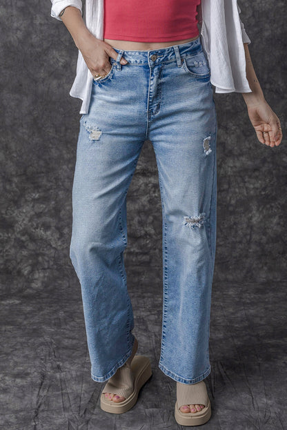 Light Blue High Rise Distressed Straight Leg Jeans