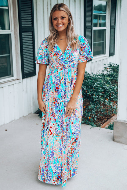 Green Wrap V Neck Floral Maxi Dress