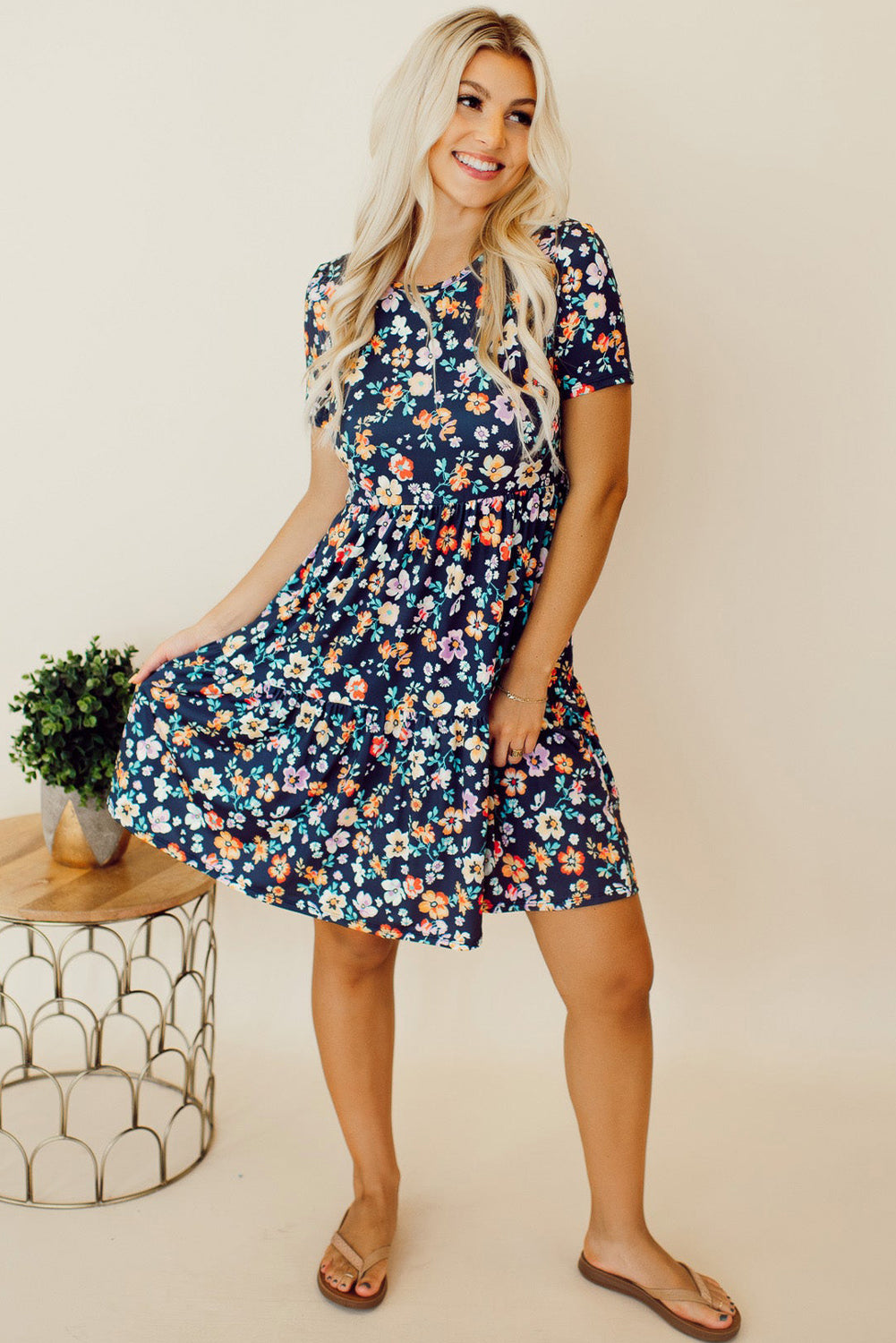 Blue Short Sleeve A-line Floral Dress