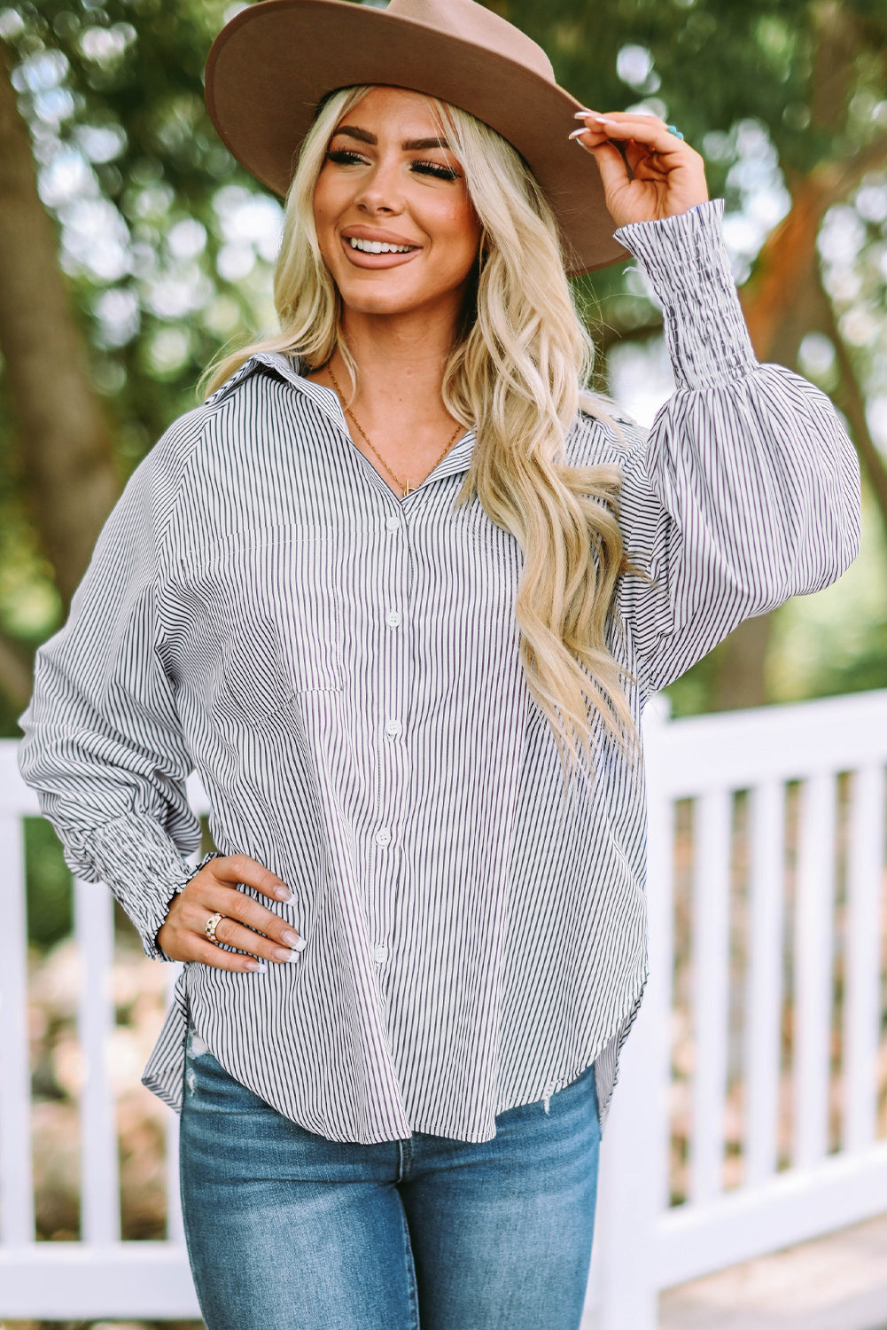 Smocked Cuffed Striped Boyfriend Shirt with Pocket