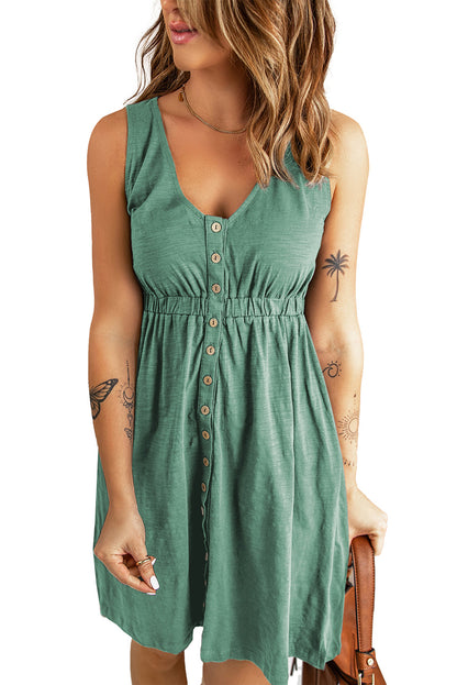 Green Buttons Sleeveless High Waist Mini Dress