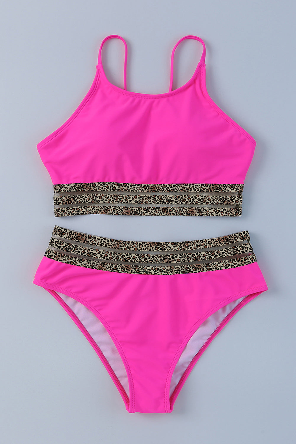 Rose Leopard Mesh Trim 2pcs Bikini Swimsuit