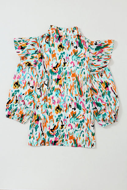 Multicolor Abstract Print 3/4 Puff Sleeve Ruffle Blouse