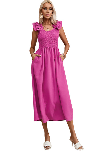 Rose Red Solid Color Ruffled Straps Smocked Ruched Maxi Dress