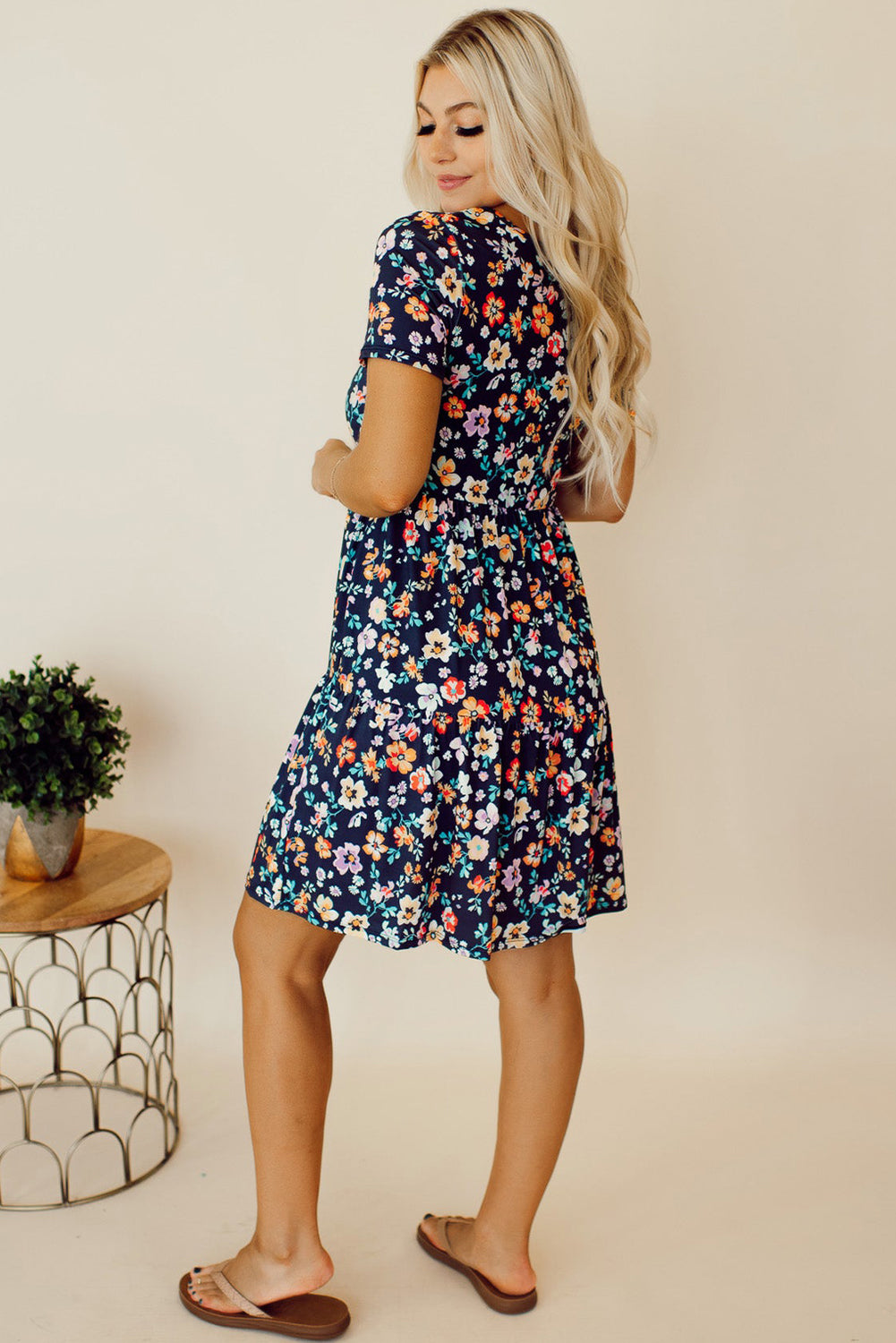 Blue Short Sleeve A-line Floral Dress