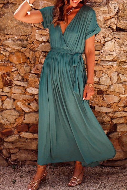 Blackish Green Solid Color V Neck Wrap Pleated Short Sleeve Maxi Dress