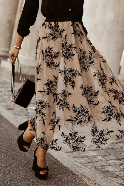 Apricot Floral Leaves Embroidered High Waist Maxi Skirt