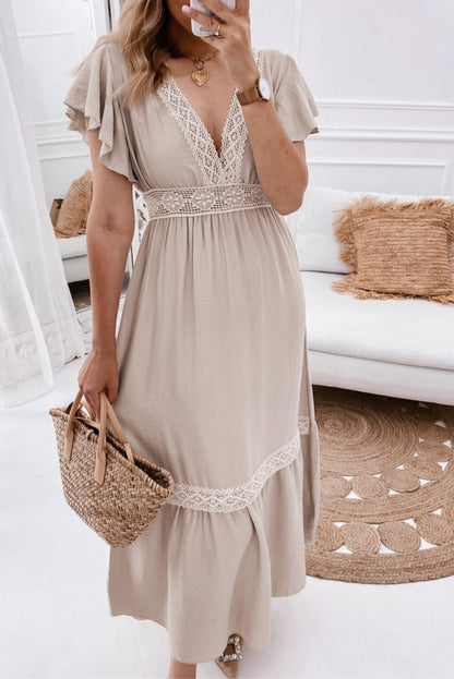 Oatmeal Lace V Neck Ruffled Sleeve Empire Waist Dress