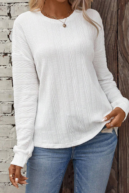 White Round Neck Drop Shoulder Textured Knit Top