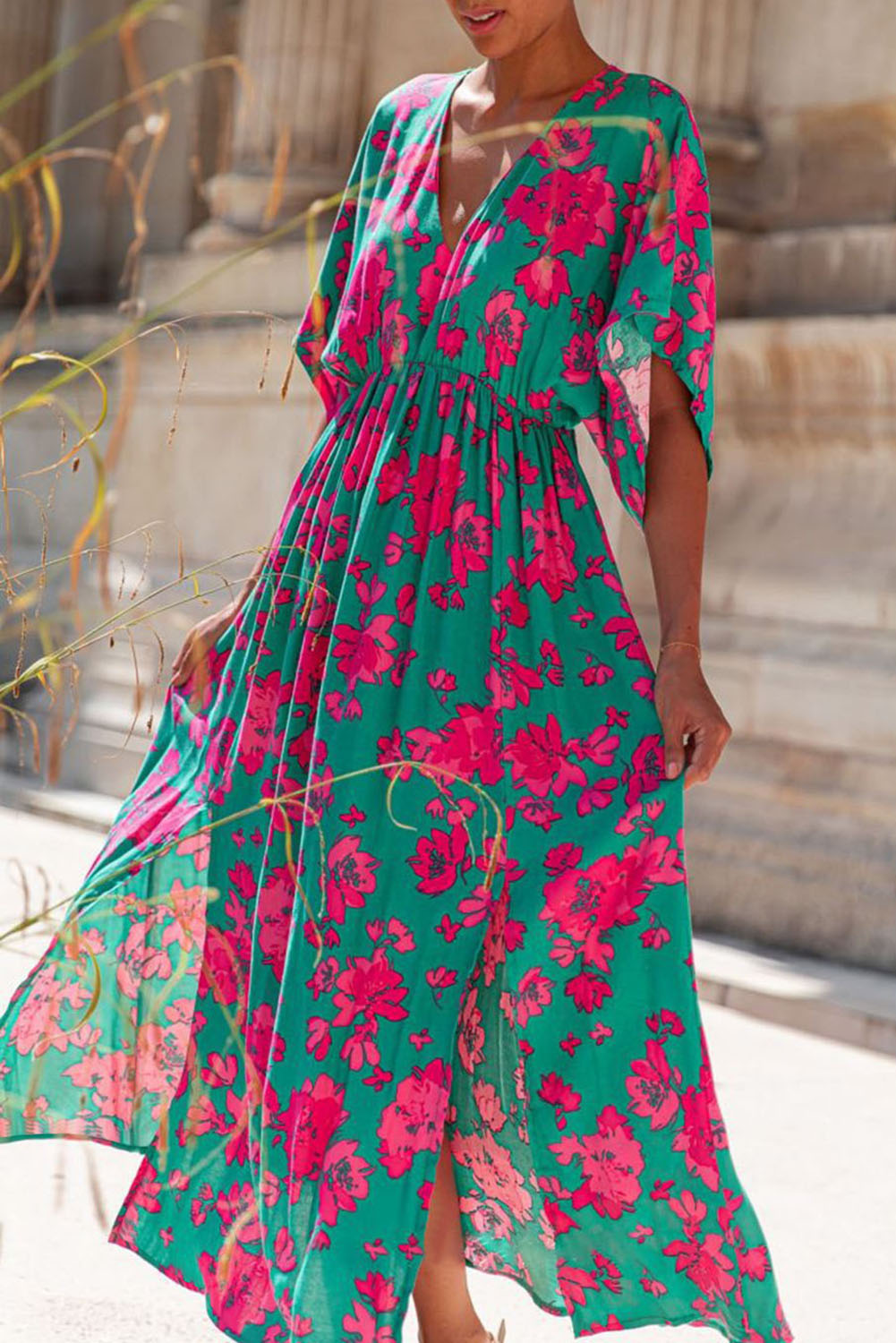 Sea Green Printed V Neck Short Sleeve Split Flared Maxi Dress