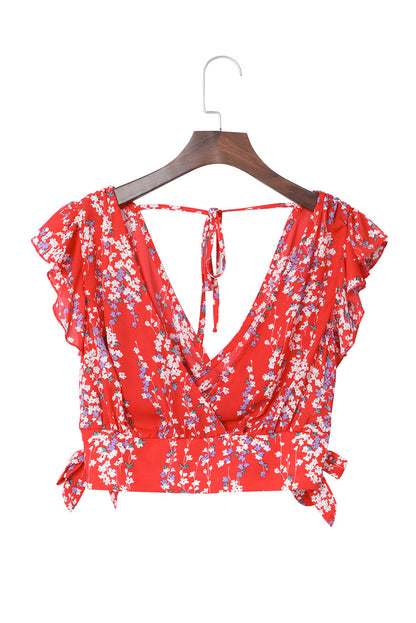 Fiery Red Multicolor Floral Ruffled Crop Top and Maxi Skirt Set