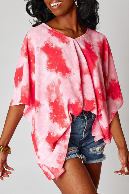 Red Plus Size Tie-dye Print 3/4 Sleeve Tunic Top