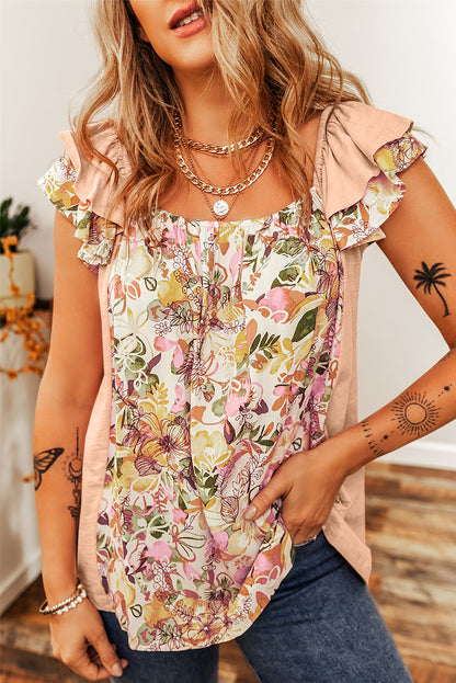 Apricot Pink Floral Patchwork Square Neck Ruffle Sleeve Blouse