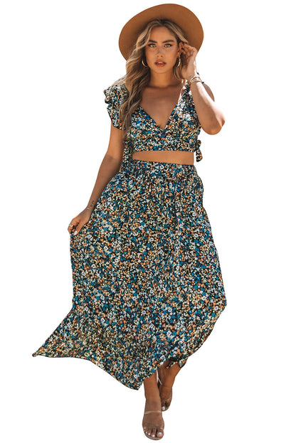 Multicolor Floral Ruffled Crop Top and Maxi Skirt Set