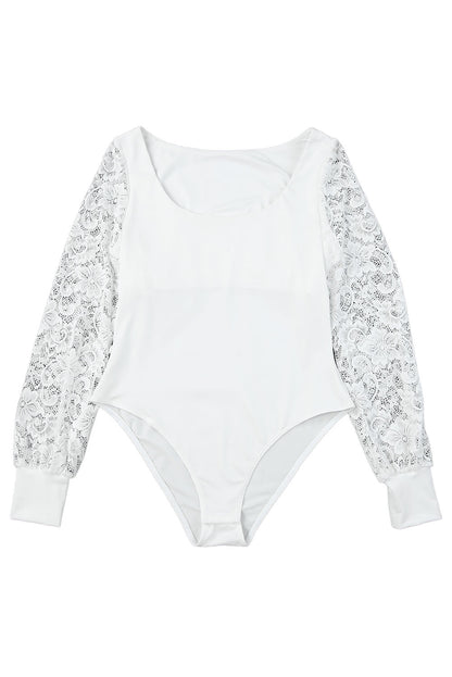 White Lace Sleeves Square Neck Bodysuit