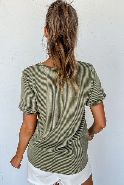 Laurel Green Twist Short Sleeve Corded V Neck Top