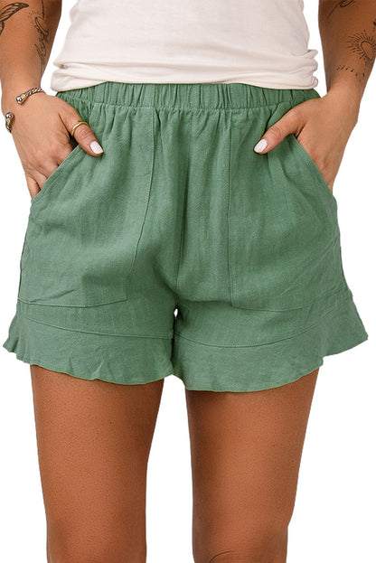 Green High Waist Pocketed Ruffle Shorts