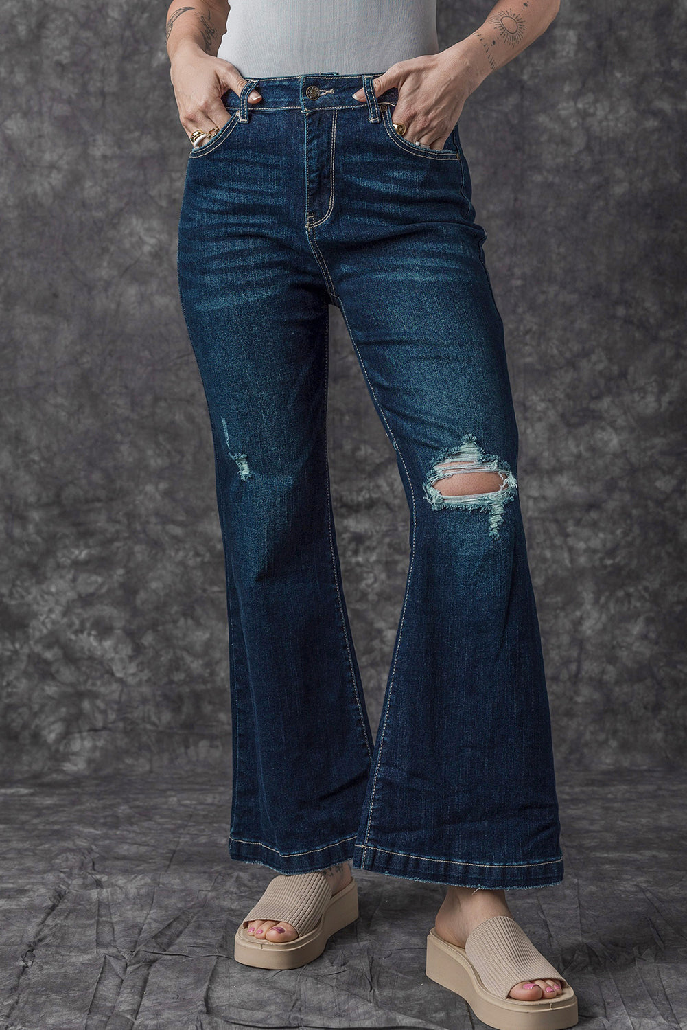 Real Teal High Rise Ripped Bell Bottom Jeans