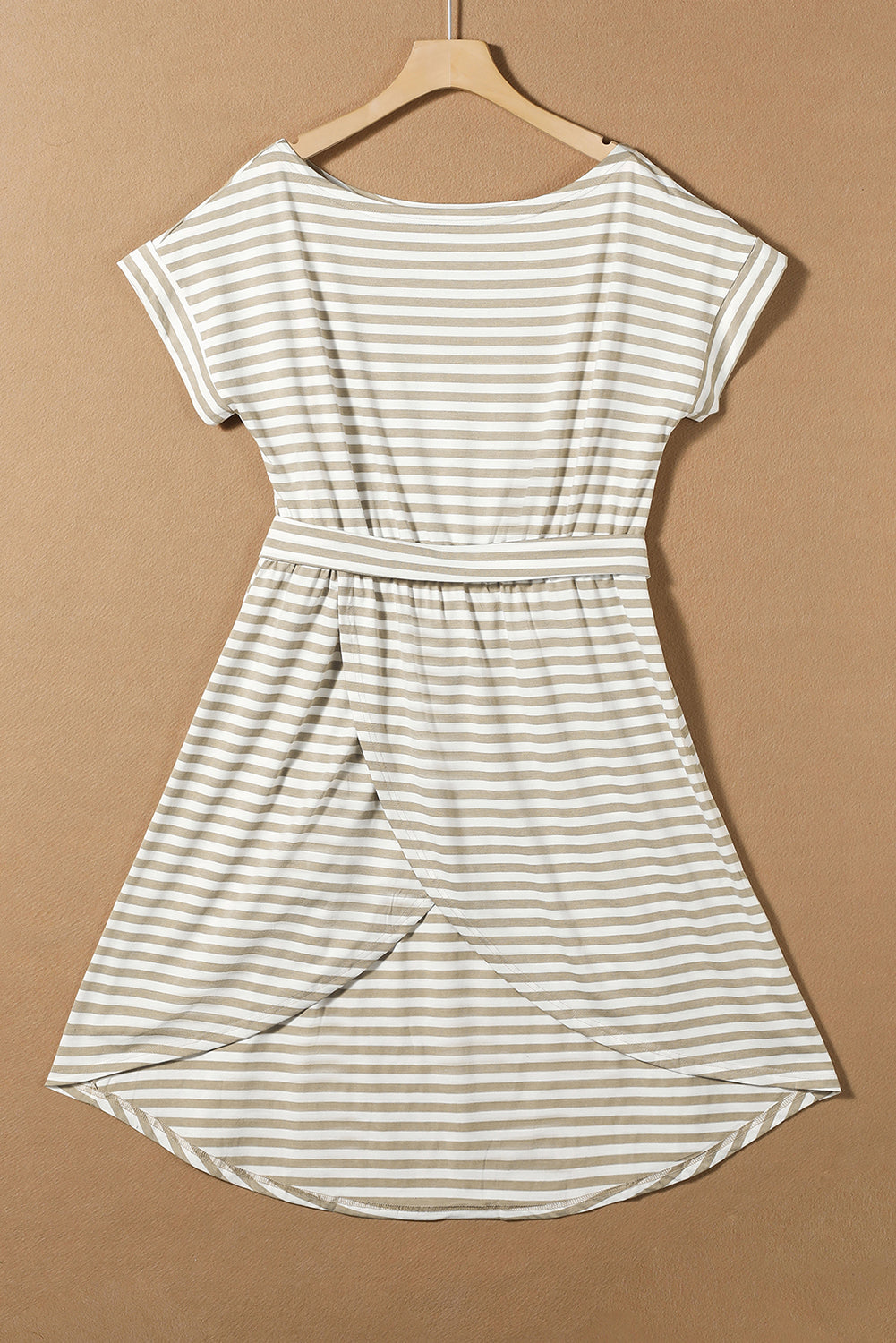 Khaki Stripe Short Sleeve Belted Wrapped Hemline T-Shirt Dress