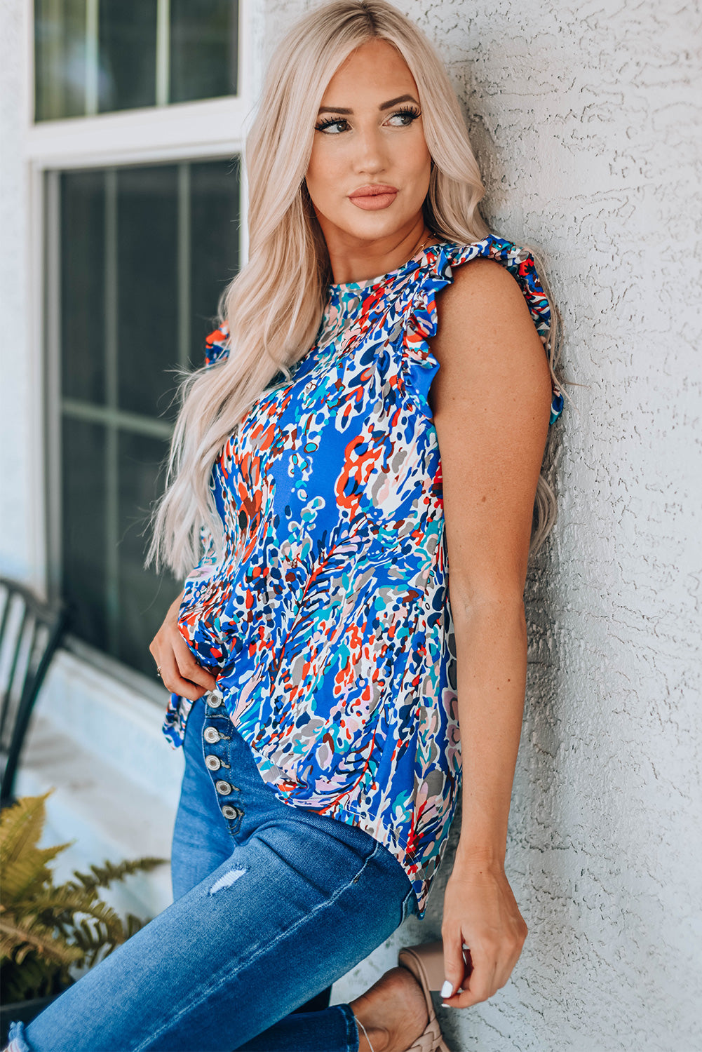 Blue Floral Print Tank Top with Ruffles