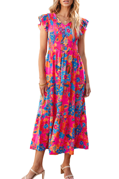 Rose Red Boho Floral V Neck Ruffle Tiered Long Dress