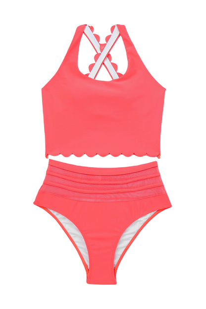 Pink Scalloped Criss Cross High Waist Bikini