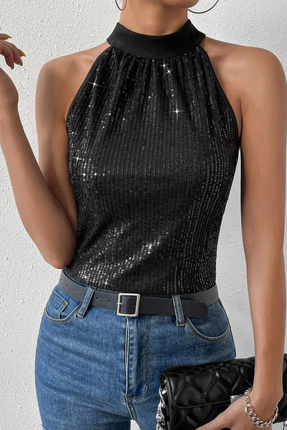 Black Keyhole Tie Back Sequined Tank Top