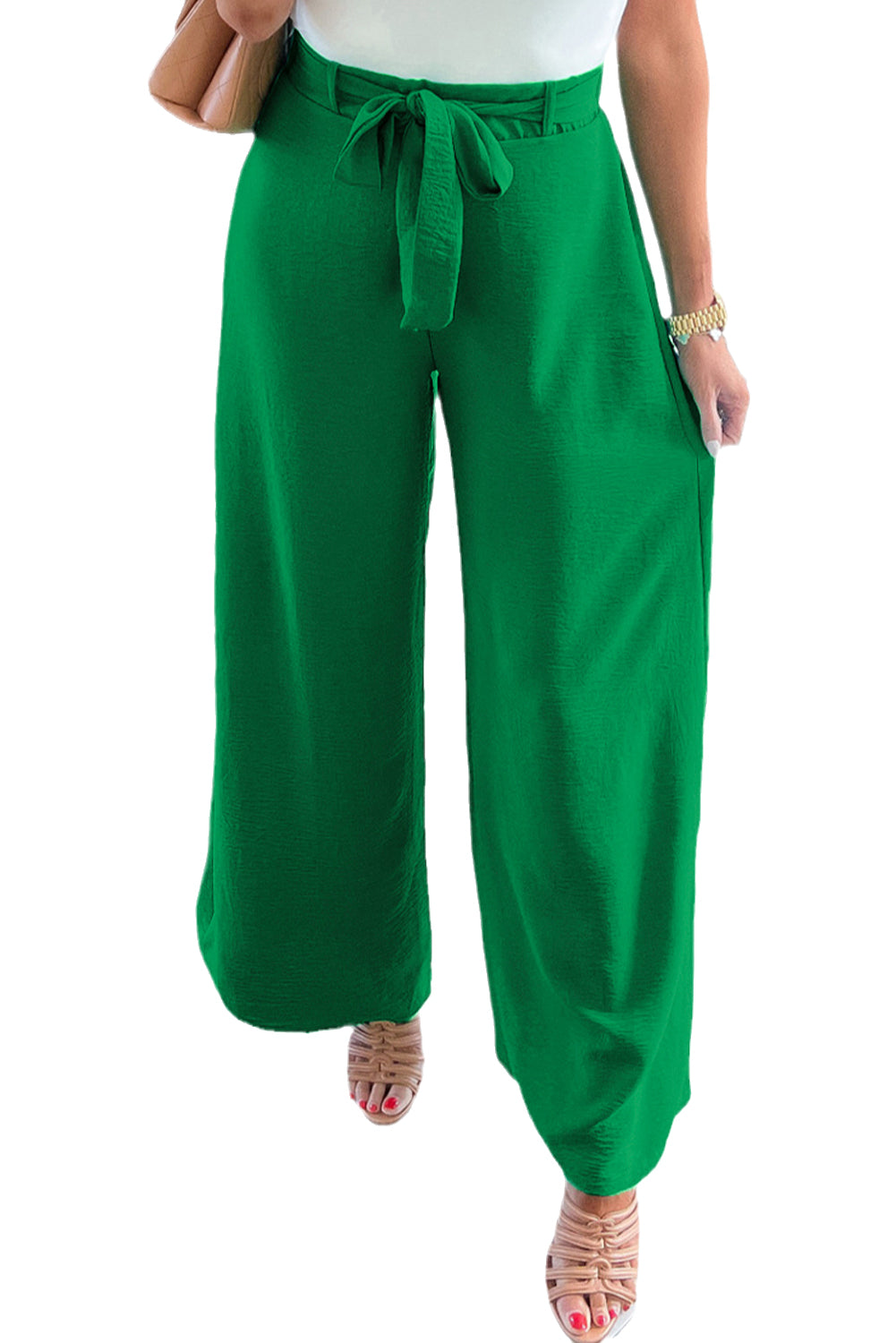 Bright Green High Waist Loops Belted Wide Leg Pants