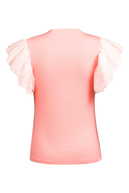 Pink Dotty Mesh Ruffle Sleeve Ribbed Knit Top