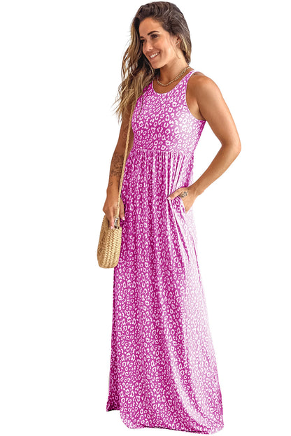 Rose Leopard Print Pocketed Sleeveless Maxi Dress