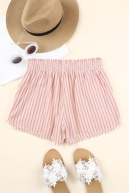 Striped Frayed Hem Paperbag Shorts