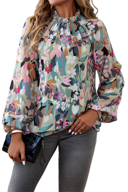 Green Printed Floral Bubble Sleeve Frill Mock Neck Blouse