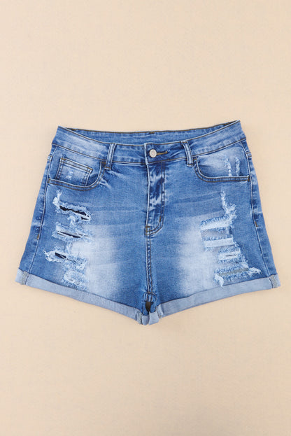 Sky Blue Vintage Distressed High Waist Pocket Denim Shorts